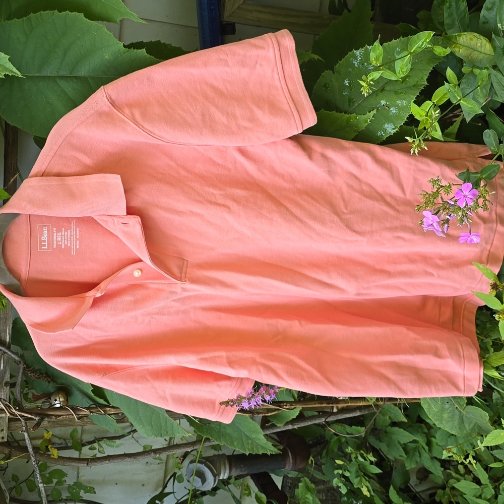LL Bean 100% Cotton Pique Peach Polo Shirt Golf Summer MENS SZ L